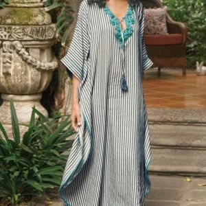 Soft Surroundings Blue Ivory Striped Linen/Cotton Blend Beaded Beach Dress O/S